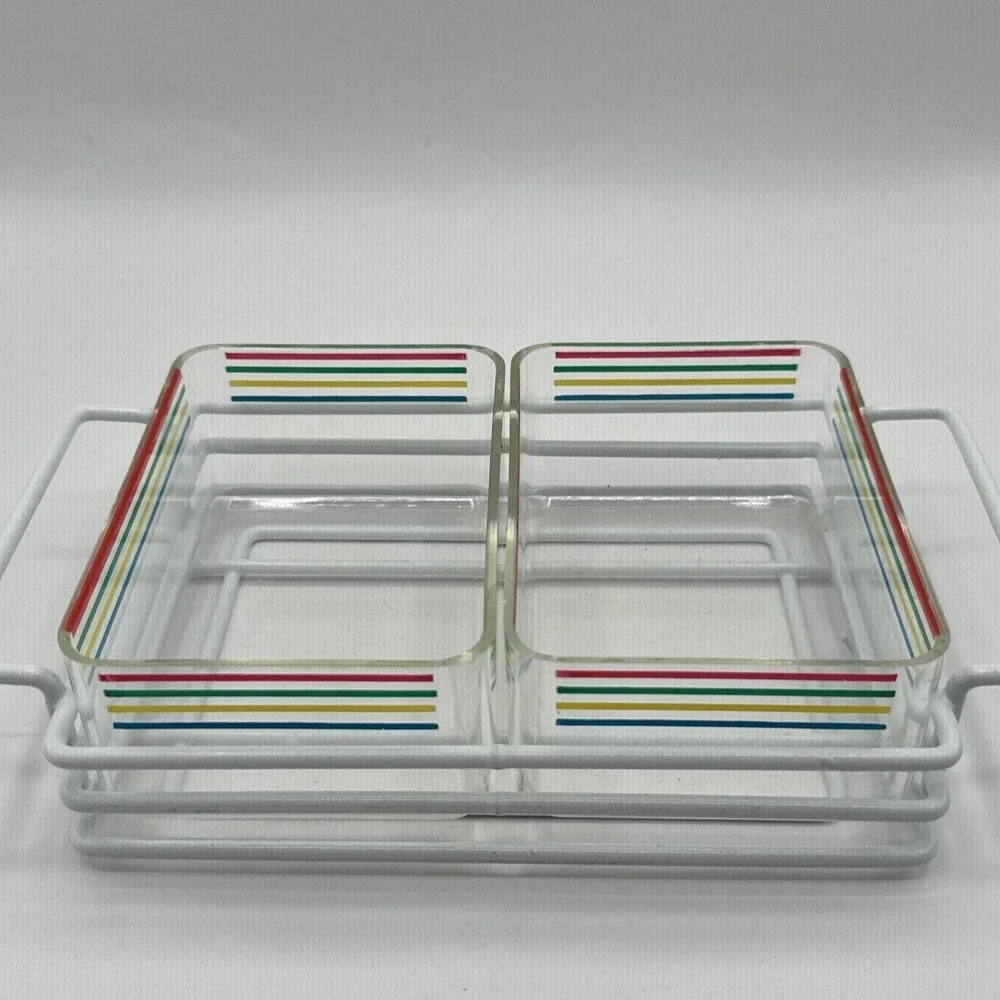 Vintage 80s Case Buffet Ware Acrylic Serving Trays‎ Striped Color Napkins Set